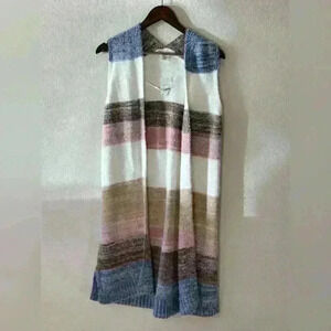 Cato Women’s Sz M Rainbow‎ Faded Colorblock Open Knit Longline Cardigan Vest